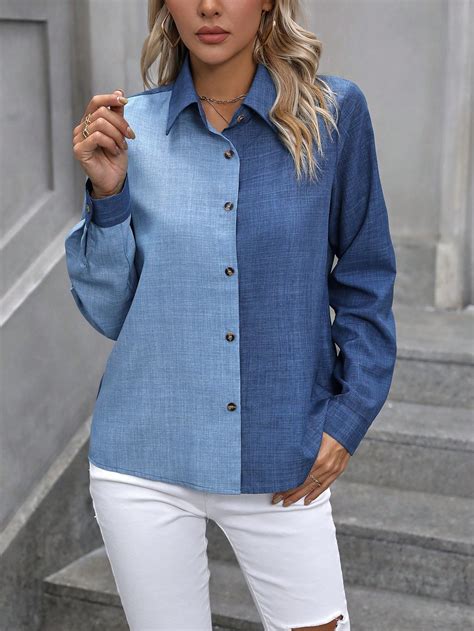 Shein Lune Camisa De Dos Tonos Con N Delantero Moda De Mujer