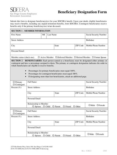 Fillable Online Beneficiary Designation Form Sdcera Fax Email Print