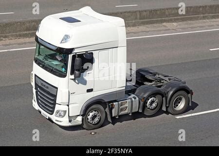 Front Side View White Daf Hgv Lorry Truck Driver In Tractor Unit