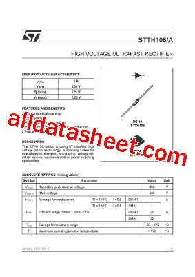 STTH108A 数据表 PDF STMicroelectronics