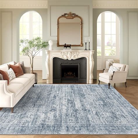 washable area rug  large soft rugs  living room vintage blue