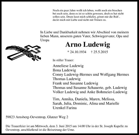 Traueranzeigen Von Arno Ludewig Trauer In NRW De