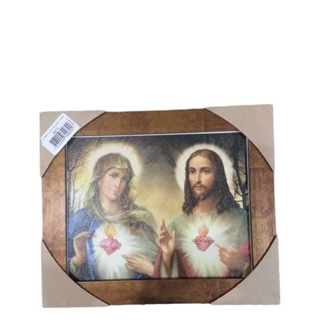 quadro sagrado coração de Jesus e Maria fundo árvore 20x25 resinado