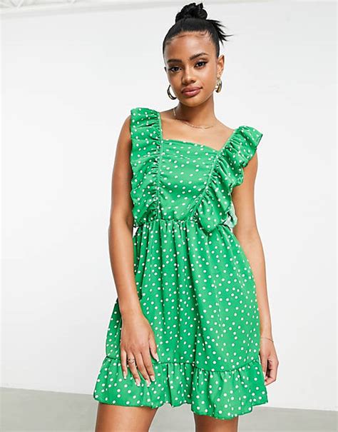 Ax Paris Square Neck Frill Sleeve Polka Dot Dress In Green Asos