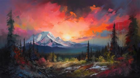 Premium Photo | A painting of a mountain with a sunset in the background.