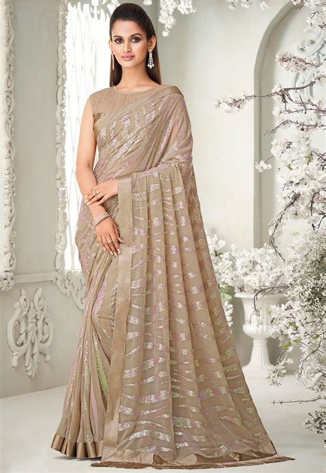 Buy Sequinned Georgette Saree In Beige Online SYC10443 Utsav Fashion