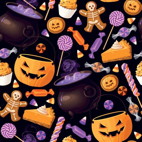 Sweets Candies And Colorful Lollipops In Cauldron Halloween Seamless