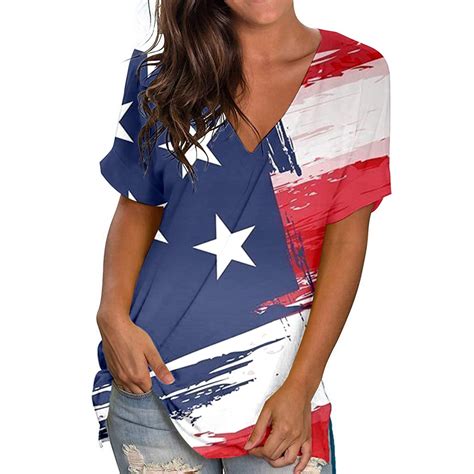 Mitankcoo 4th Of July Patriotic Shirts For Women Plus Size V Neck Short Sleeve Tees American