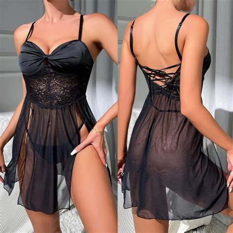 Lingerie sexy pour femmes dentelle maille jupe à bretelles transparente