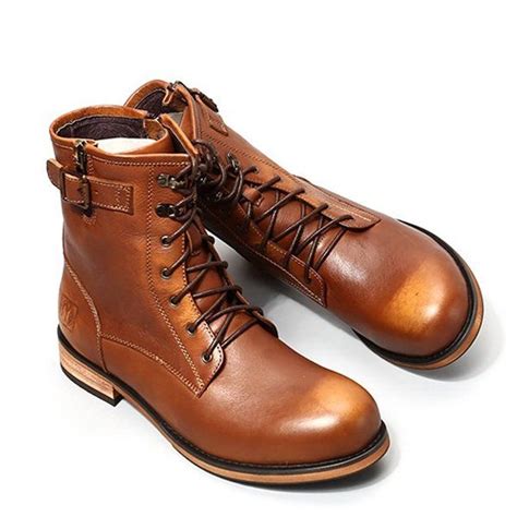 Men Genuine Leather Retro Side Zipper Metal Buckle High Top Work Boots