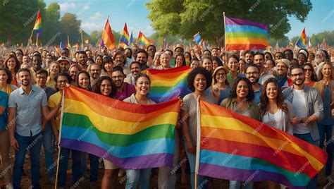 Premium Photo A Crowd Of People Holds Rainbow Flags To Support The