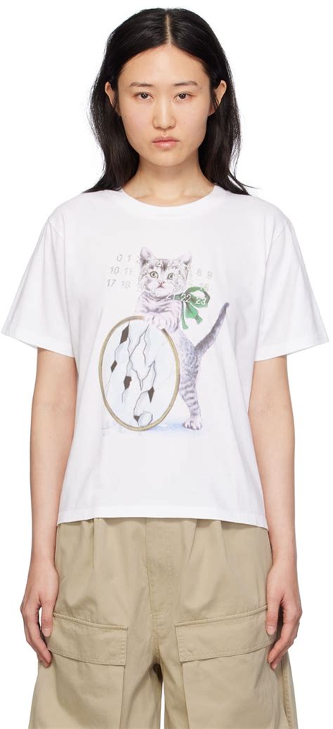 Mm6 Maison Margiela White Cat And Glitter T Shirt Mm6 Maison Margiela