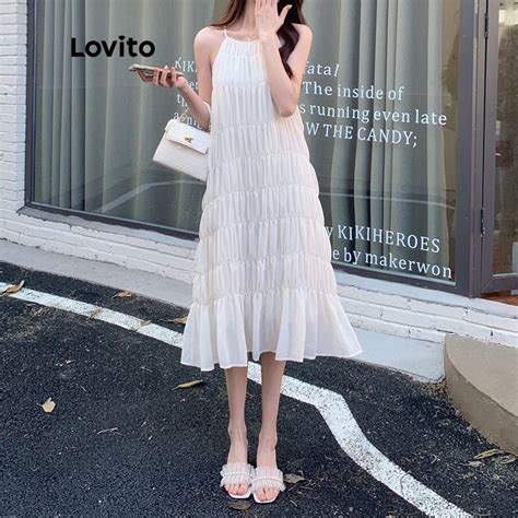 Lovito Casual Plain Tiered Layer Dress For Women Lna White