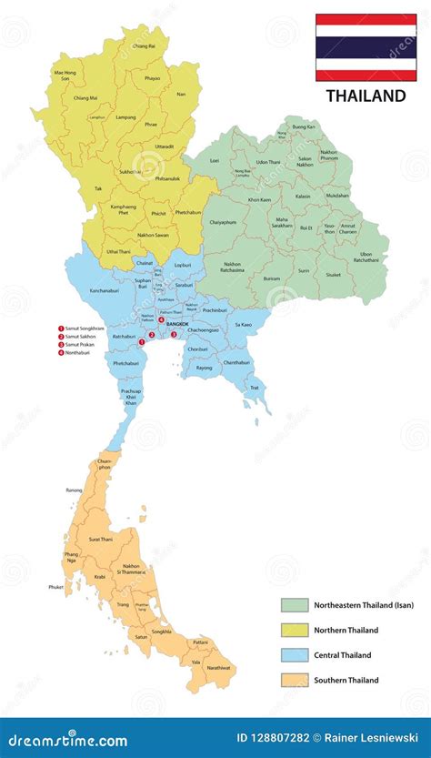 Provinces And Regions Vector Map Of The Kingdom Of Thailand With Stock