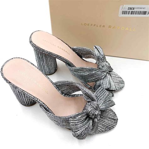 New Loeffler Randall Penny Knot Mules Silver Pleated Bow Block Heel