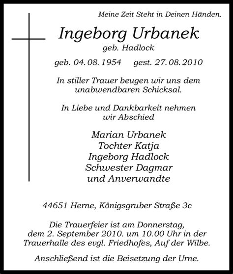 Traueranzeigen Von Ingeborg Urbanek Trauer In NRW De