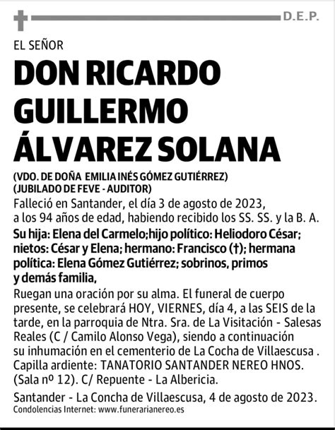 DON RICARDO GUILLERMO ÁLVAREZ SOLANA Esquela Necrológica El Diario