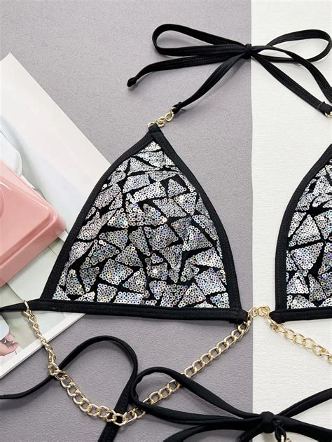 Two Piece Summer Womens Swimsuit Set Glitter Fabric Sexy Chain Bikini
