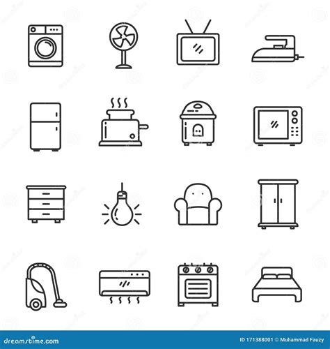 Set Of Home Appliance And Furniture Icons In Thin Line Style Stock Vector Illustration Of