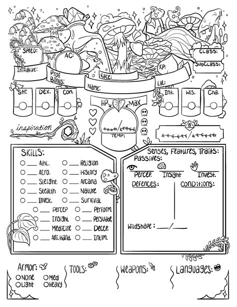 Dandd Druid Character Sheet Coloring Sheet Etsy