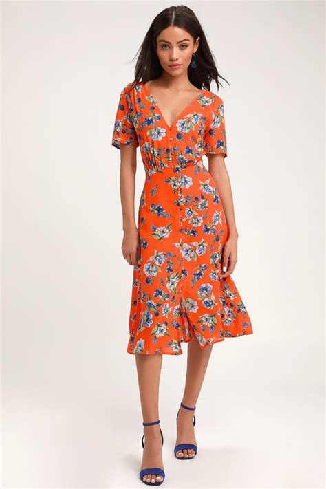 Windows Down Orange Floral Print Button Front Midi Dress Orange Midi