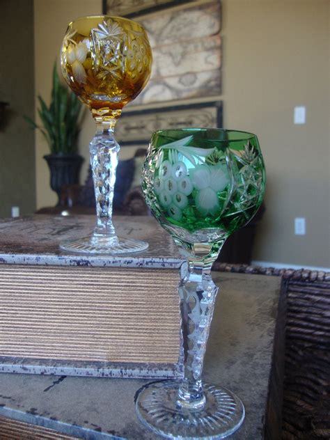 Vintage Ajka Crystal Cordial Glasses Golden Amber And Emerald