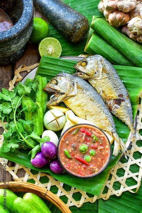 Thai Chilli Shrimp Paste Or Thai Spicy Kapi Shrimp Paste With Fried Mackerel And Vegetables Nam