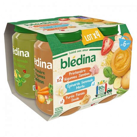 Bledina pots légume jambon semoule merlu purée panais dinde 4x200g dès