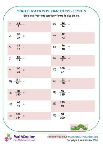 Simplification De Fractions Fiche Fiches De Travail Math Center