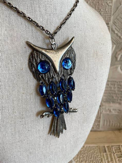 Vintage Hinged Owl Necklace With Blue Rhinestones Etsy