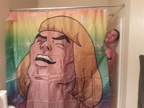 A Shower Curtain With An Image Of A Woman S Face On It And The Caption