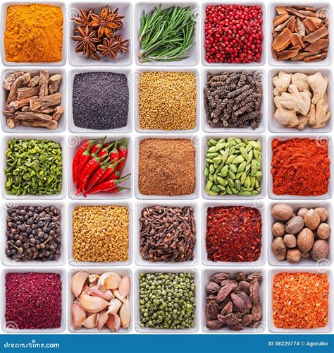 Collection Of Spices And Herbs In Ceramic Bowls Stock Photo Image Of