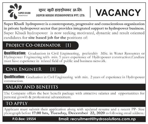 Civil Engineer Job Vacancy In Nepal Super Khudi Hydropower Pvt Ltd