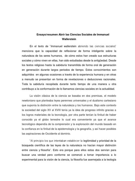 Resumen Abrir Las Ciencias Sociales De Immanuel Wallerstein Pdf