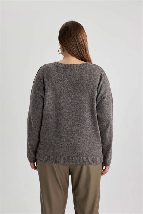 Beige Woman Relax Fit V Neck Pullover Defacto