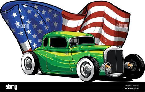 Vector Illustration Of Hot Rod Car With American Flag Stock Vector