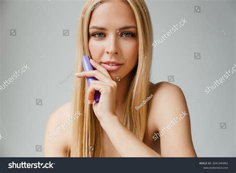 Halfnaked Blonde Woman Looking Camera While Stock Photo 2041345841