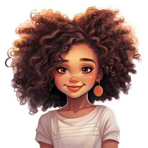 Premium Photo Cartoon Girl With Curly Hair And Earrings In White Shirt Generative Ai