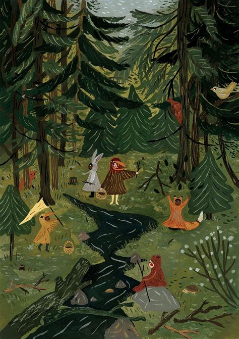 a painting of people in the woods with trees