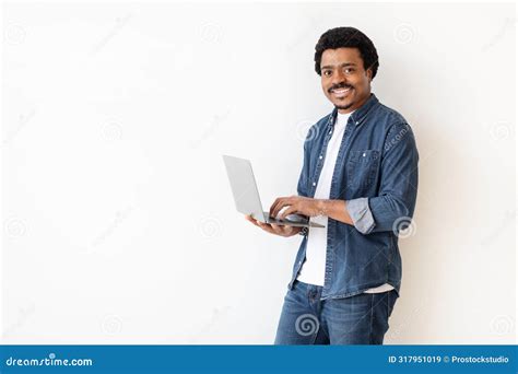 Man Standing With Laptop In Hands On White Stock Image Image Of