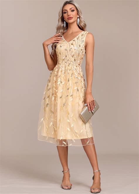 Rotita Embroidery Champagne V Neck Sleeveless Dress Rotita Usd