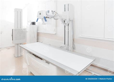 X Ray Department In Modern Hospital Radiology Room With Scan Machine