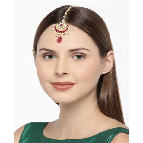 Ethnic Pachi Kundan And Ruby Studded Chandbali Maang Tikka For Women