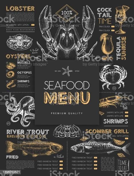 Chalk Drawing Seafood Restaurant Menu Design With Hand Drawing Fish