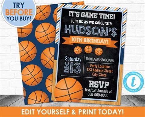 Basketball Birthday Invitation Printable Basketball Editable - Etsy ...