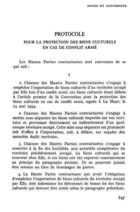 Protocole Pour La Protection Des Biens Culturels En Cas De Conflit