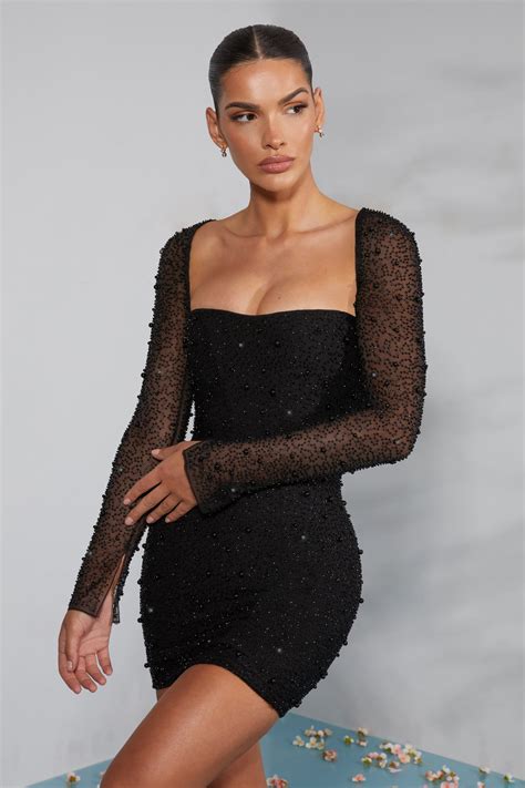 Milan Long Sleeve Embellished Corset Mini Dress In Black Oh Polly