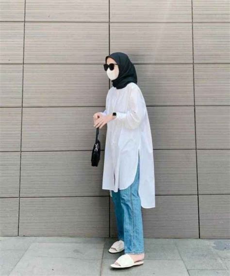 10 OOTD Simpel Kemeja Putih Dan Celana Jeans Hijab Stylish