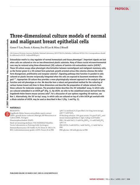 PDF Three Dimensional Culture Models Of Normal And Malignant Breast