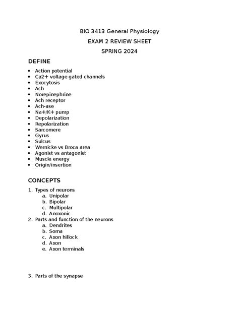 BIO 3413 General Physiology Exam 2 Review Spring 2024 BIO 3413